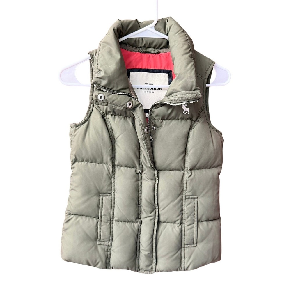 Abercrombie & Fitch Puffer Vest Women M Green Down Filled Quilted Zip Snap Front